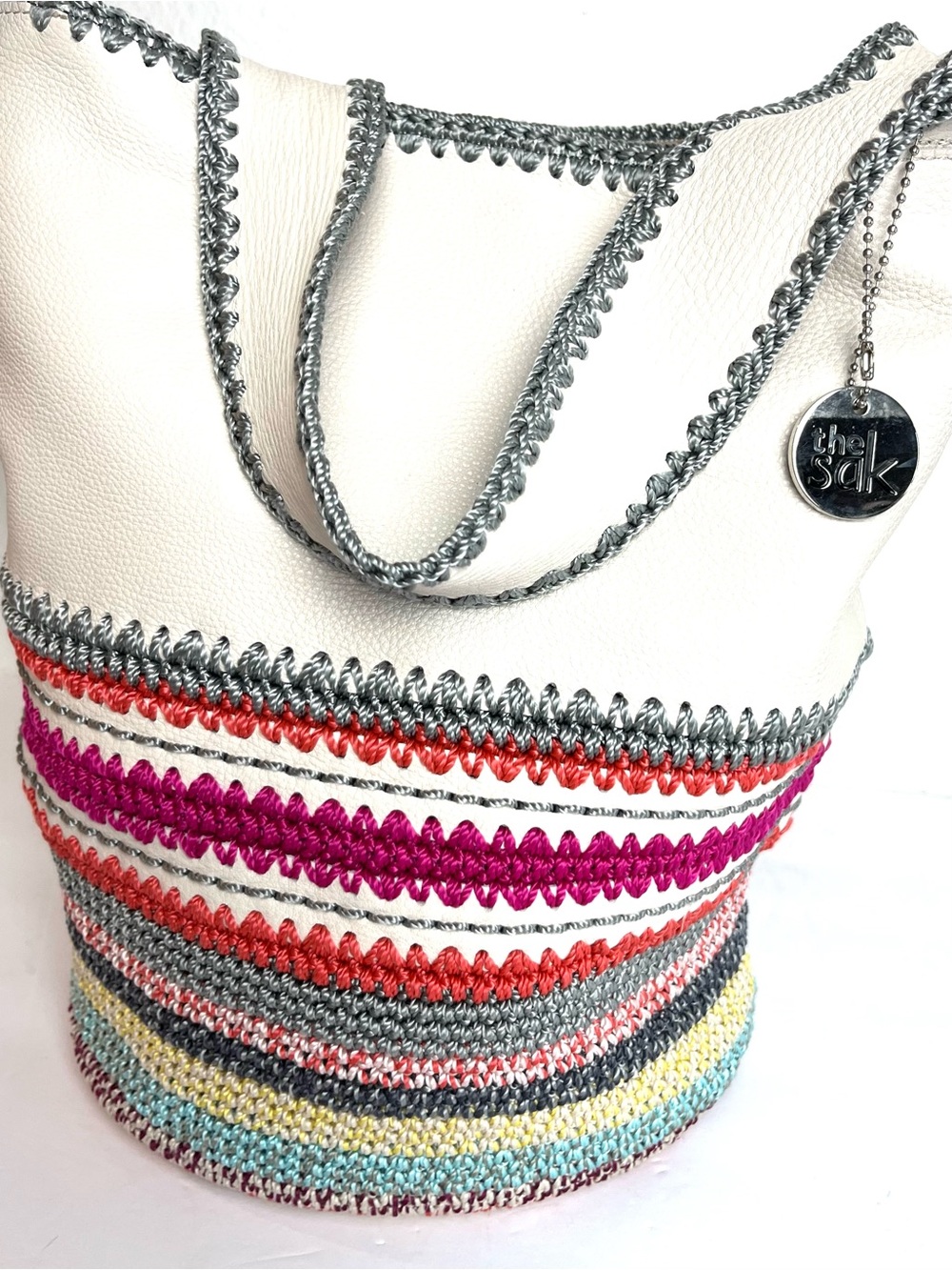 The Sak White Shoulder Bag with Multicolor Beautiful Crochet Stripes